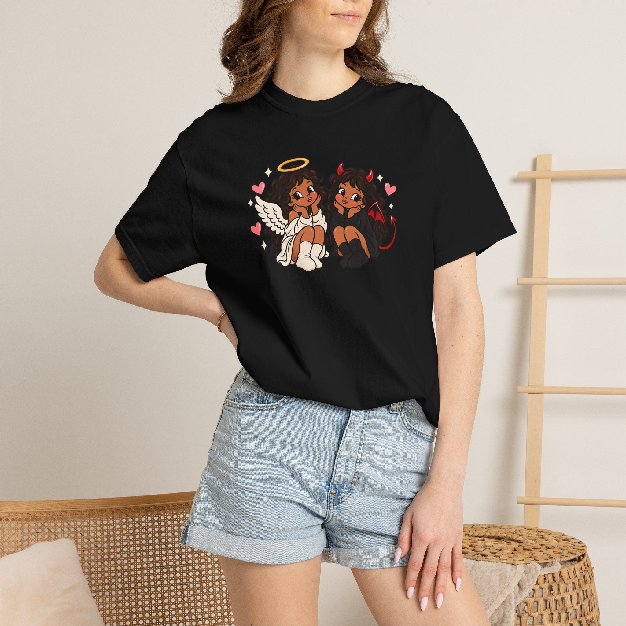 Angel and Devil Cute Graphic Tee — Kawaii Couple Illustration T-Shirt
