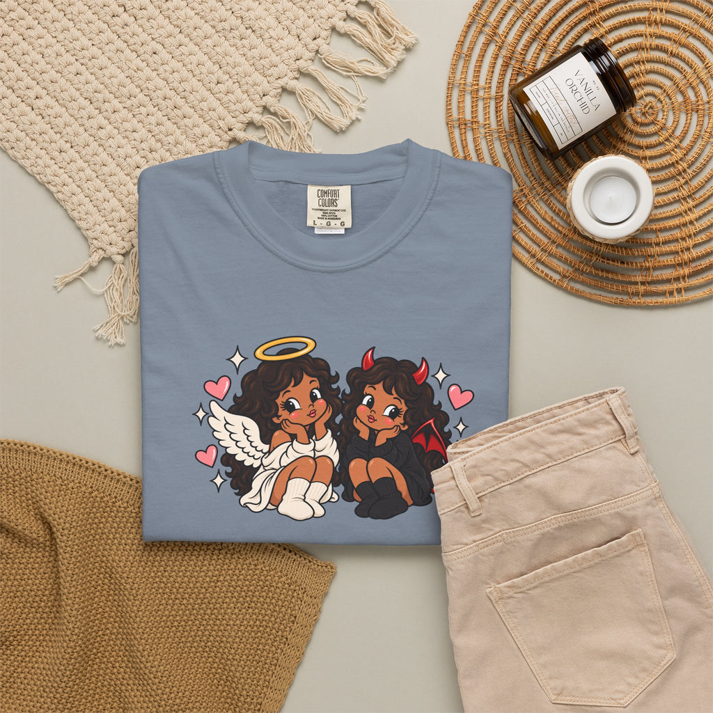 Angel and Devil Cute Graphic Tee — Kawaii Couple Illustration T-Shirt