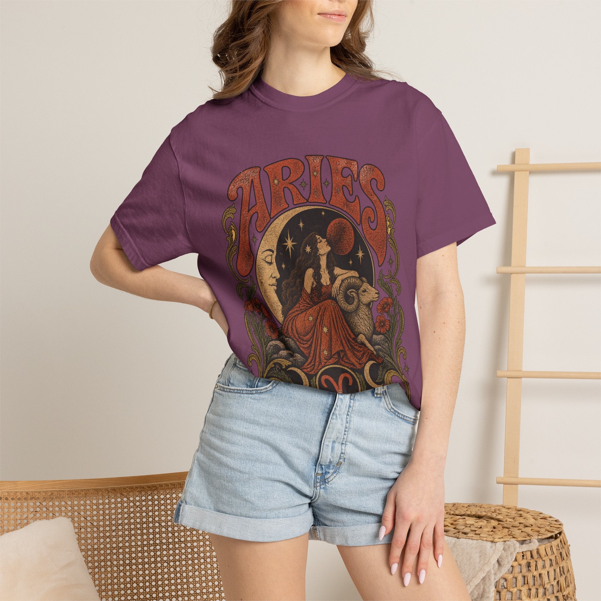 Aries Zodiac T‑Shirt — Vintage Moon & Ram Astrology Tee