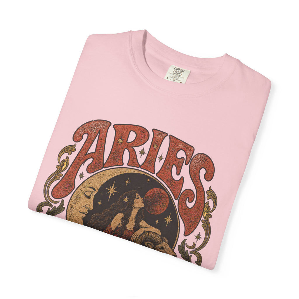 Aries Zodiac T‑Shirt — Vintage Moon & Ram Astrology Tee
