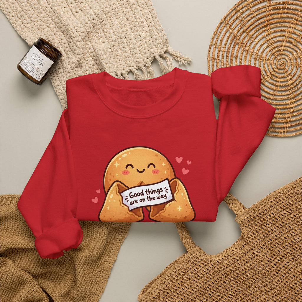 Crewneck Sweatshirt — Cute Fortune Cookie Graphic “Good Things Are On The Way”