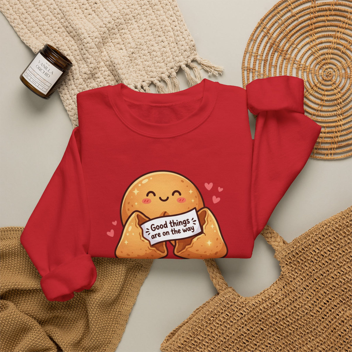 Crewneck Sweatshirt — Cute Fortune Cookie Graphic “Good Things Are On The Way”