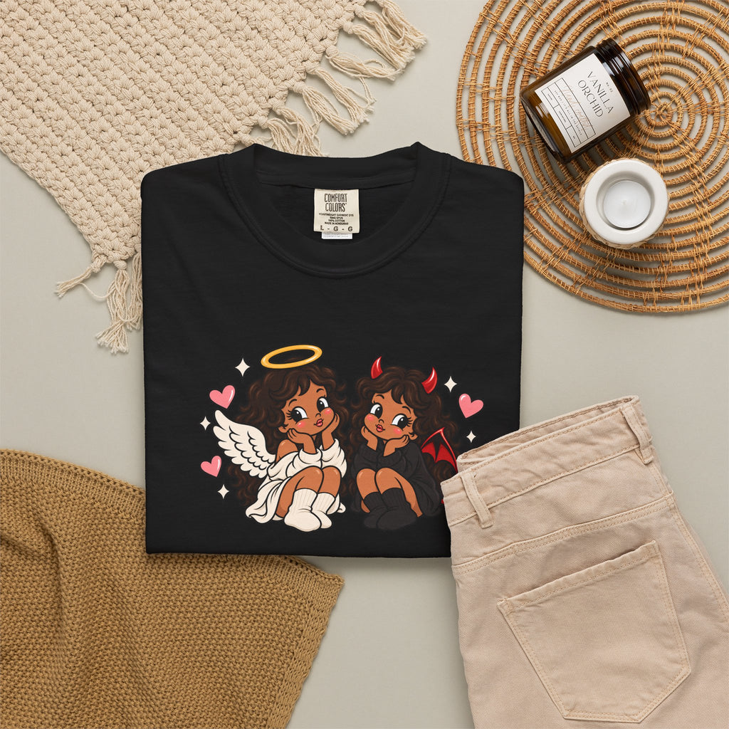 Angel and Devil Cute Graphic Tee — Kawaii Couple Illustration T-Shirt