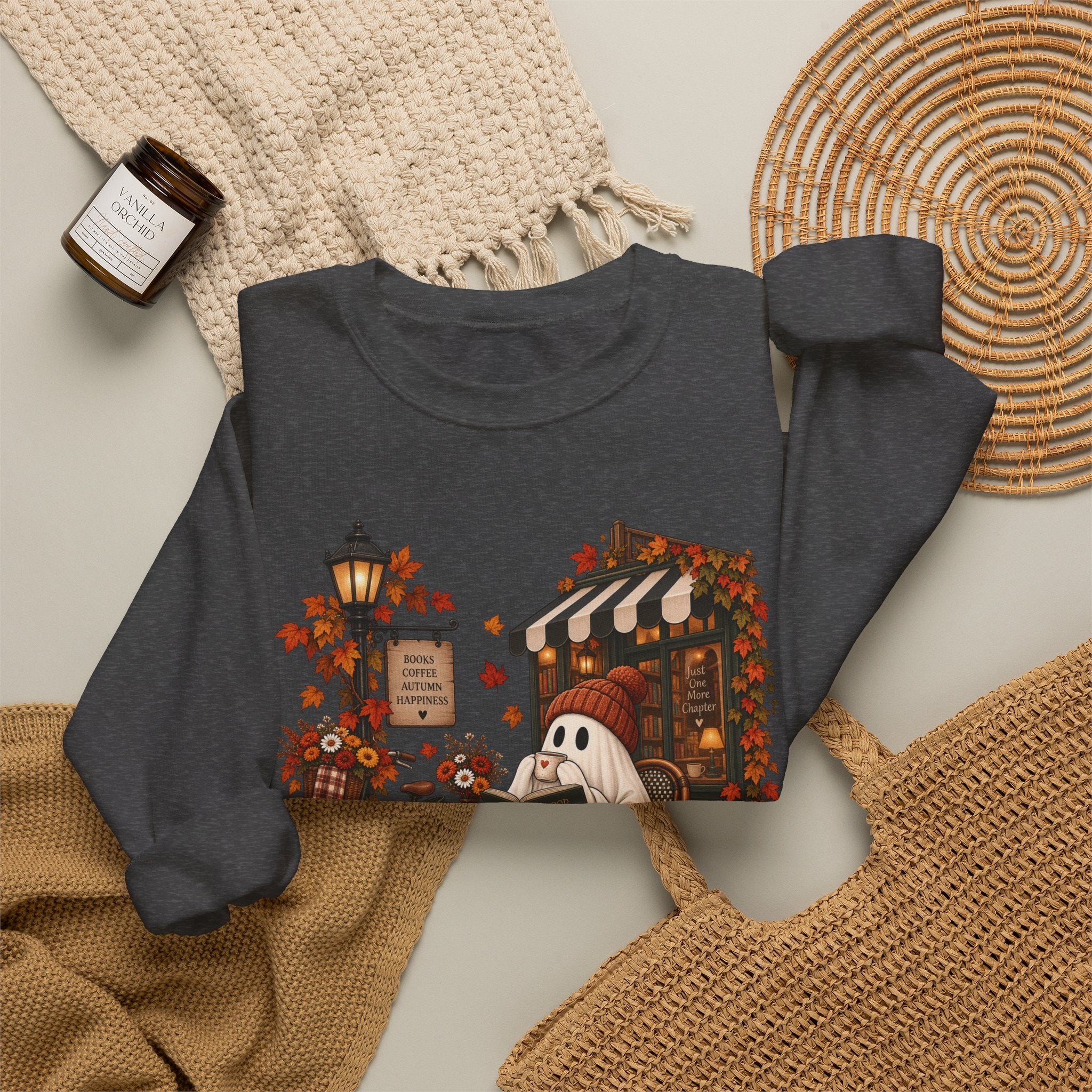 Autumn Ghost Café Sweatshirt — Cozy Fall Pumpkin Patch Crewneck