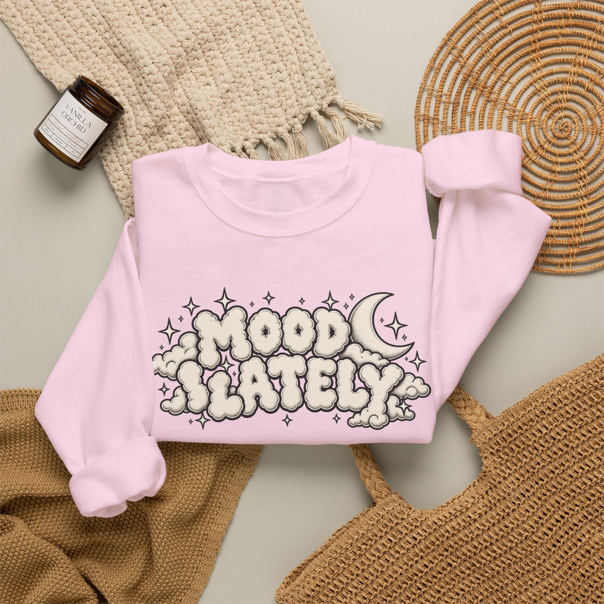 Mood Lately Crewneck Sweatshirt — Retro Cloud Lettering Graphic Pullover