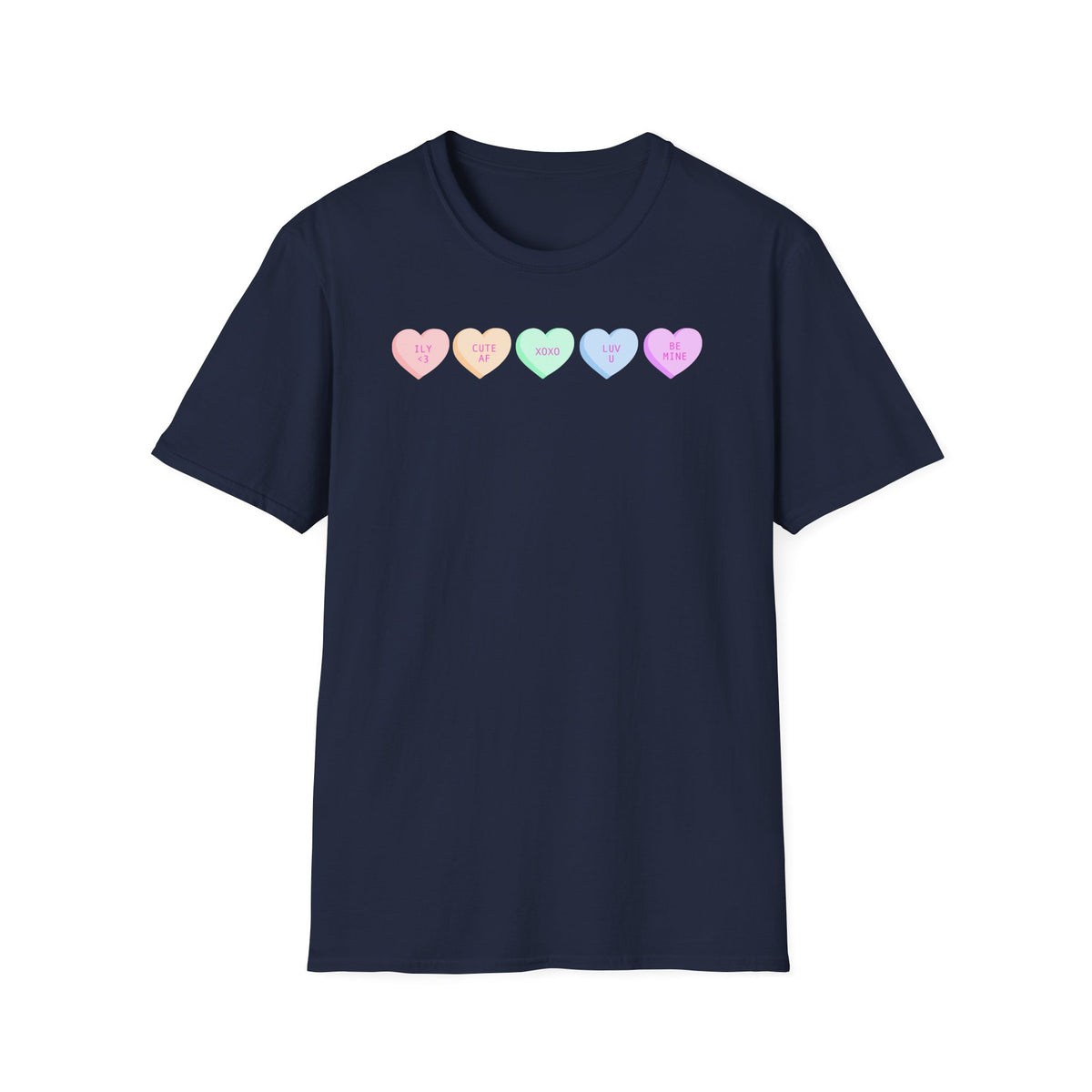 Conversation Heart Candy T-Shirt — Pastel ‘Be Mine, Cute AF, XOXO, Luv U’ Graphic