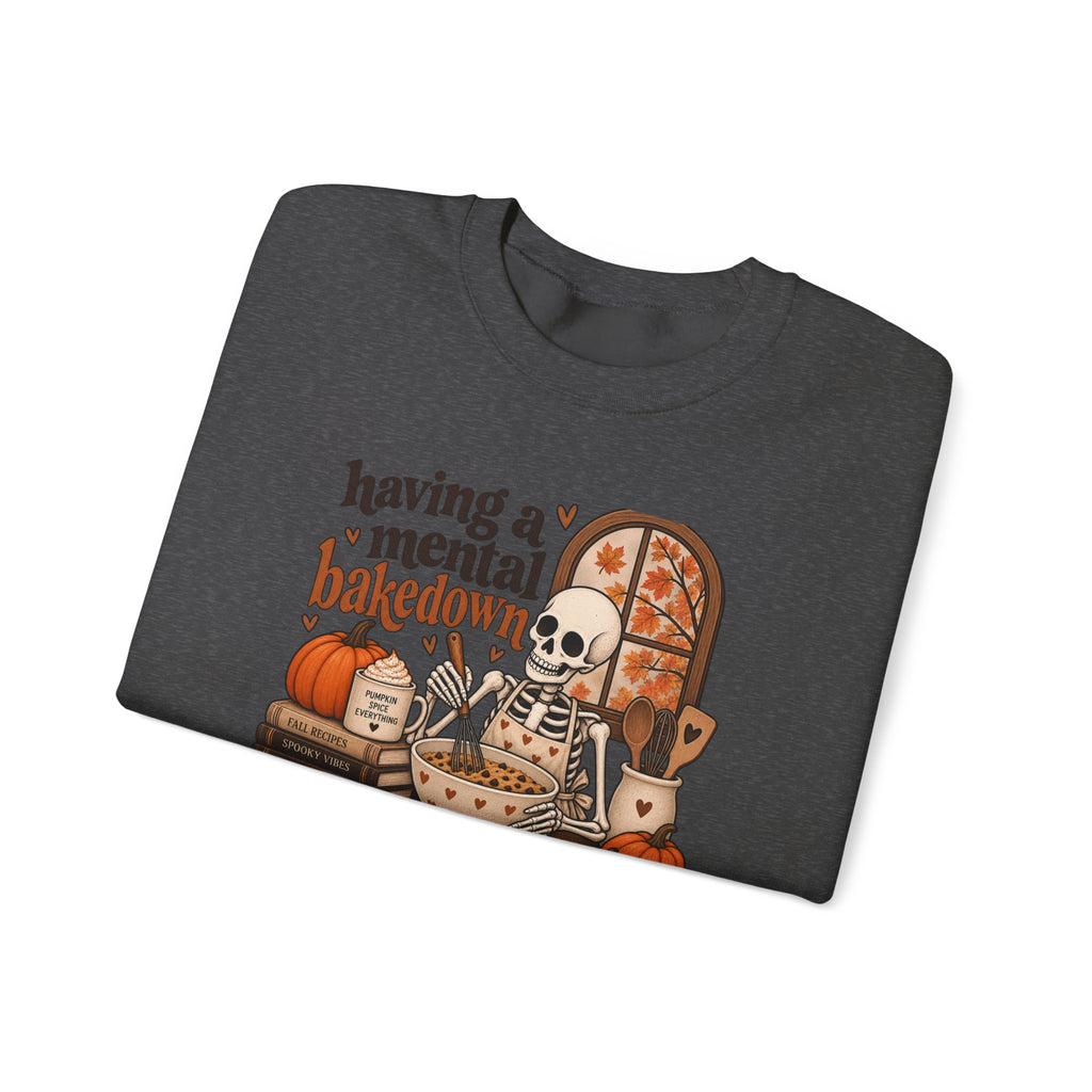 Fall Baking Skeleton Sweatshirt – “Having a Mental Bakedown” Cozy Halloween Crewneck