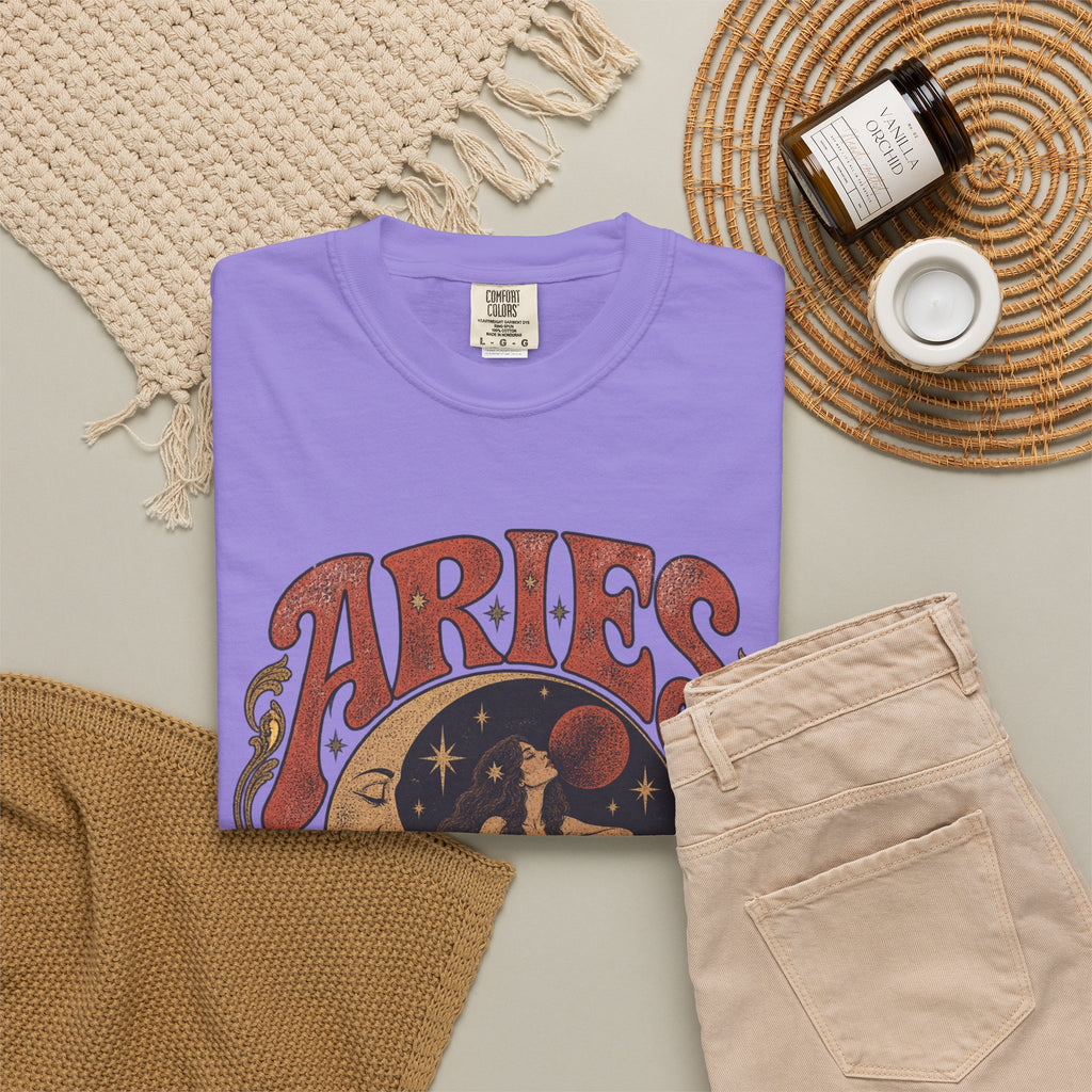 Aries Zodiac T‑Shirt — Vintage Moon & Ram Astrology Tee