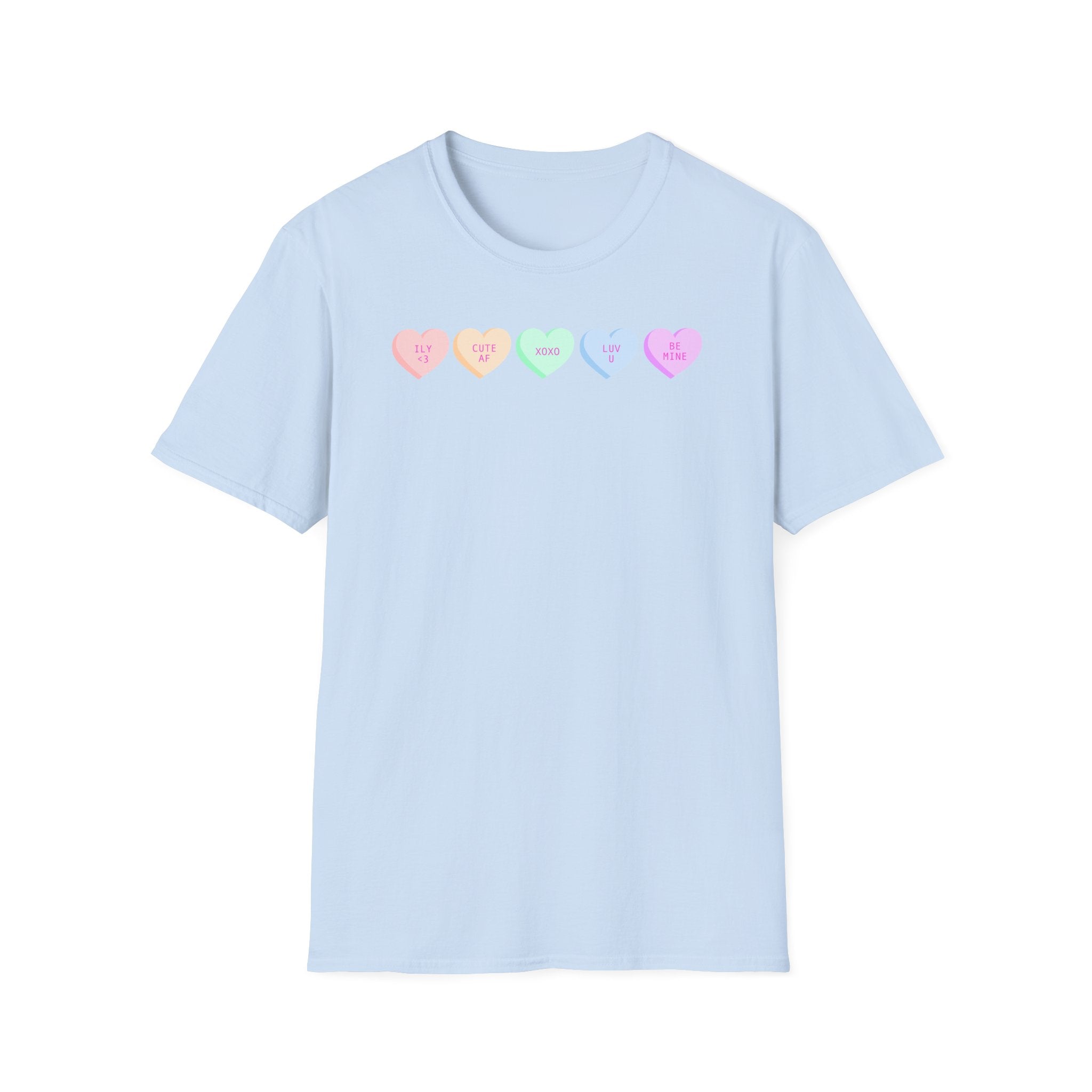 Conversation Heart Candy T-Shirt — Pastel ‘Be Mine, Cute AF, XOXO, Luv U’ Graphic