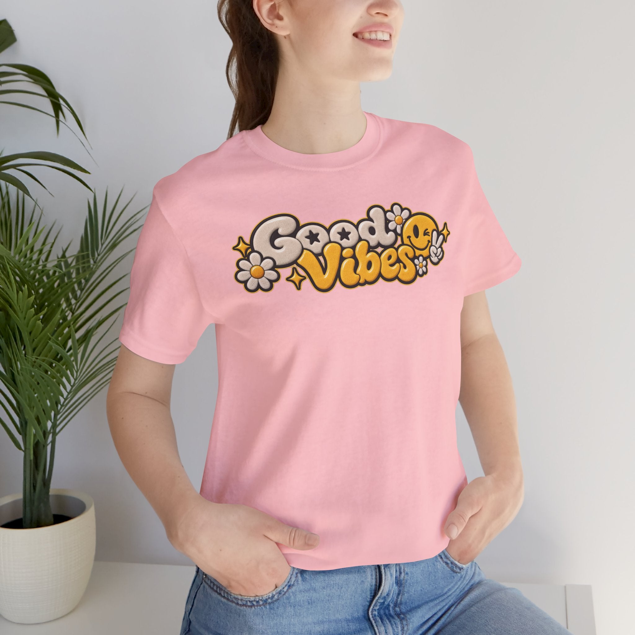 Good Vibes Retro Tee — Smiley Flower Graphic T-Shirt