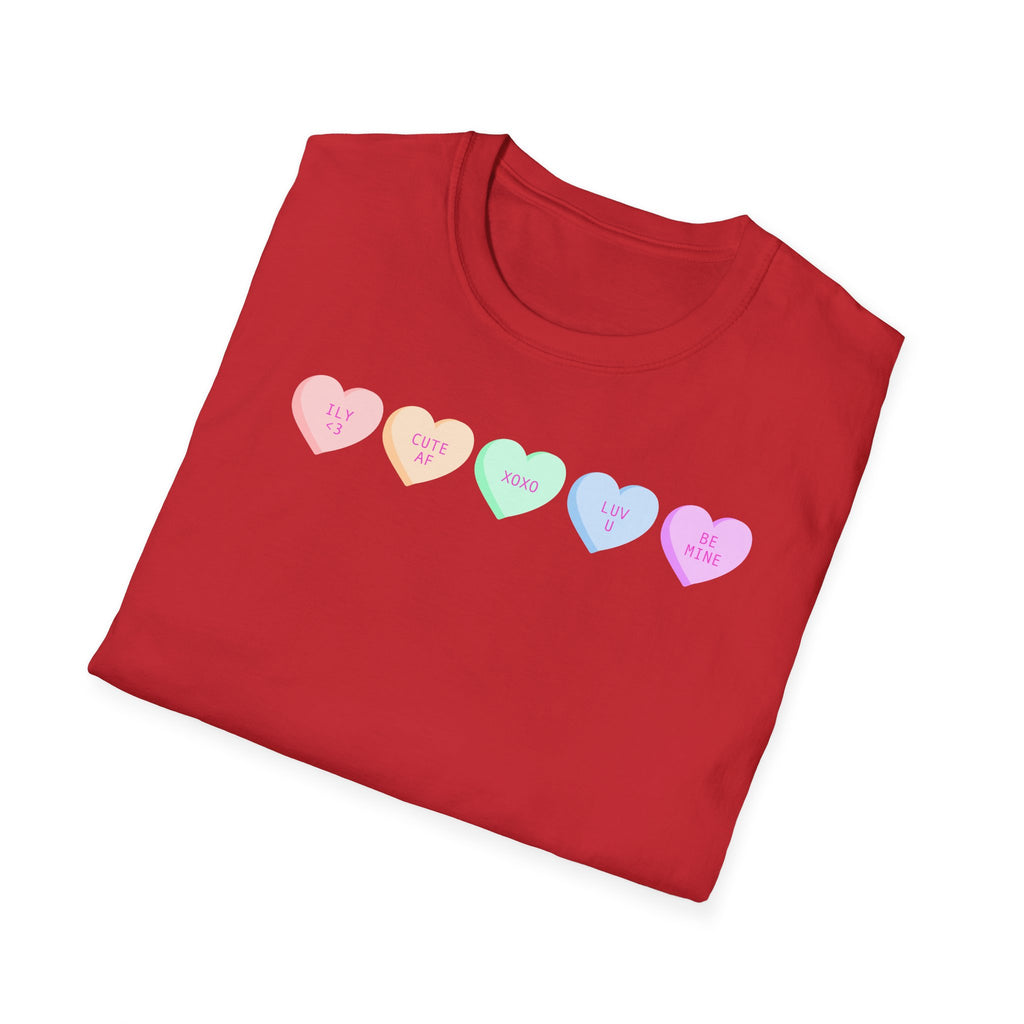 Conversation Heart Candy T-Shirt — Pastel ‘Be Mine, Cute AF, XOXO, Luv U’ Graphic