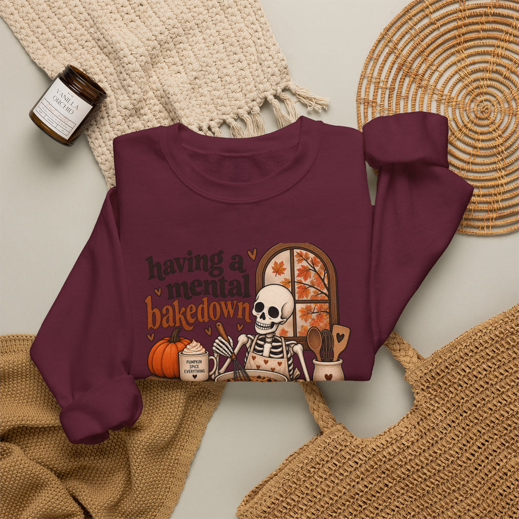 Fall Baking Skeleton Sweatshirt – “Having a Mental Bakedown” Cozy Halloween Crewneck