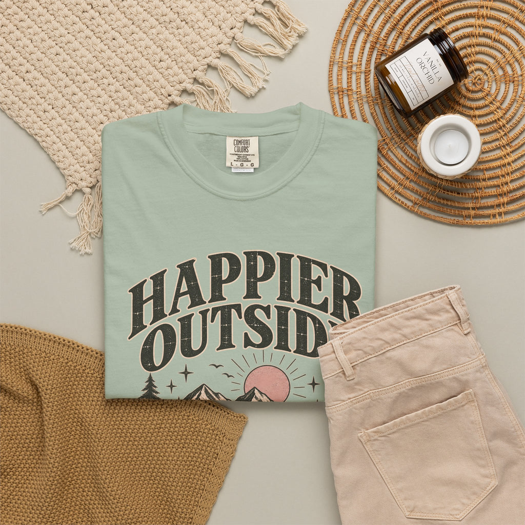Happier Outside Tee — Nature Lover Graphic Garment-Dyed T-Shirt