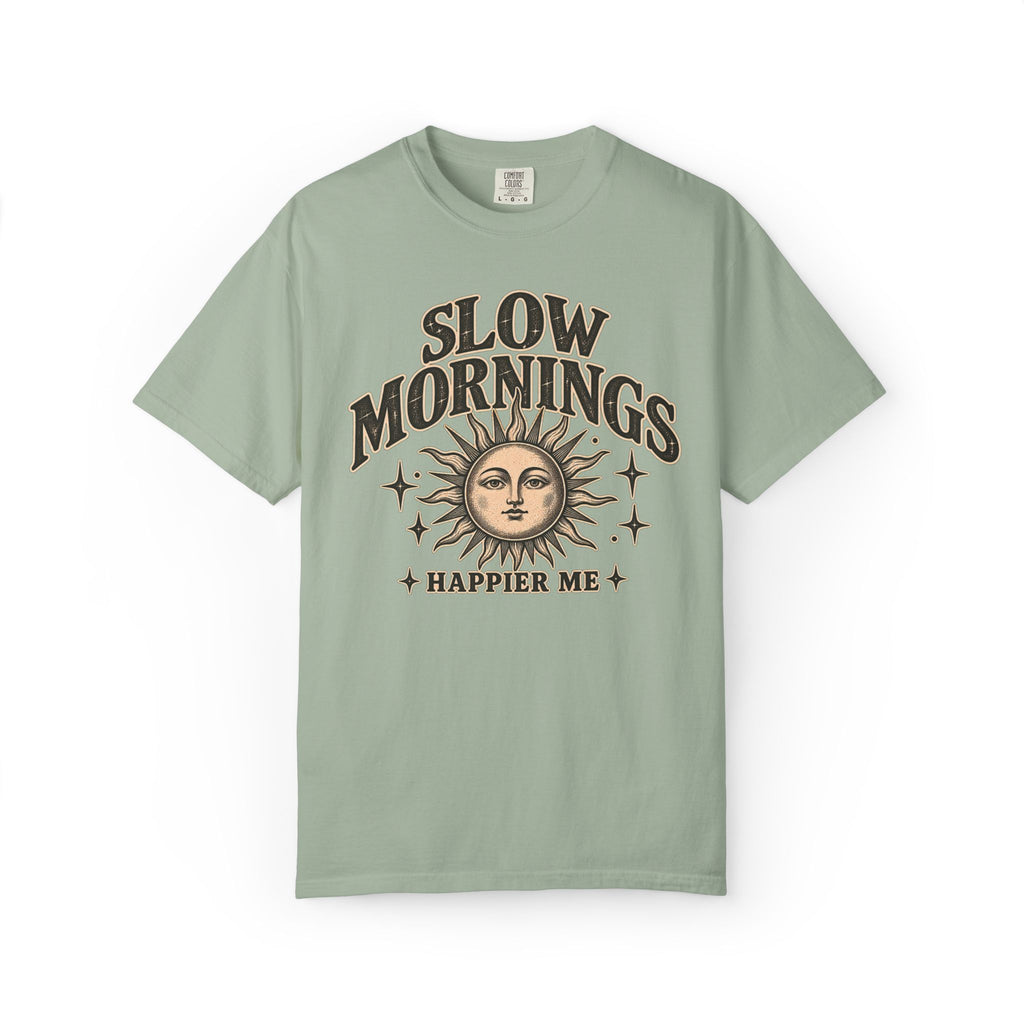 Slow Mornings Tee — Retro Sunrise Garment-Dyed Graphic T-Shirt