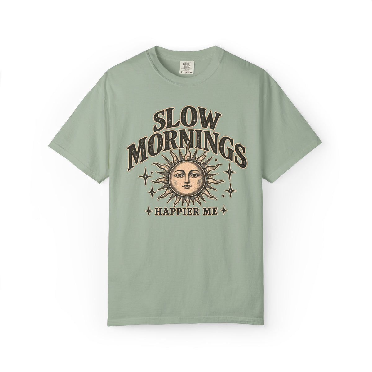 Slow Mornings Tee — Retro Sunrise Garment-Dyed Graphic T-Shirt
