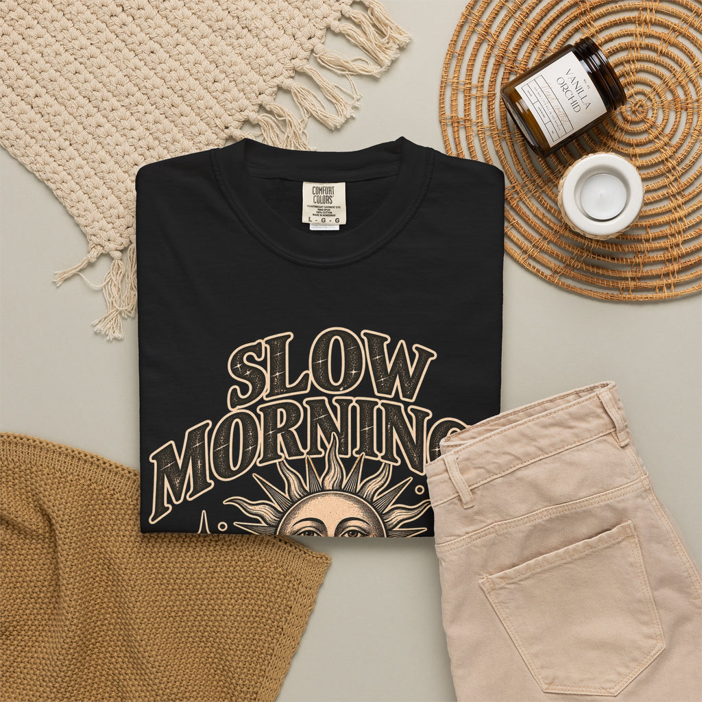 Slow Mornings Tee — Retro Sunrise Garment-Dyed Graphic T-Shirt