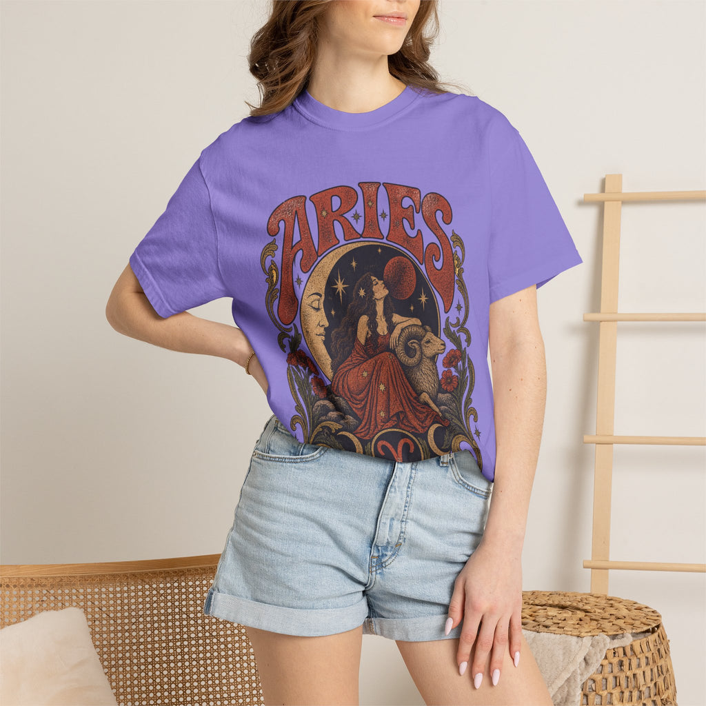 Aries Zodiac T‑Shirt — Vintage Moon & Ram Astrology Tee