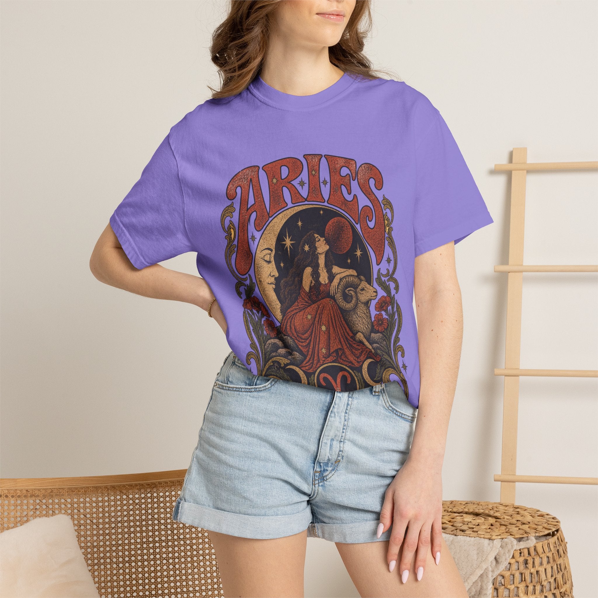 Aries Zodiac T‑Shirt — Vintage Moon & Ram Astrology Tee