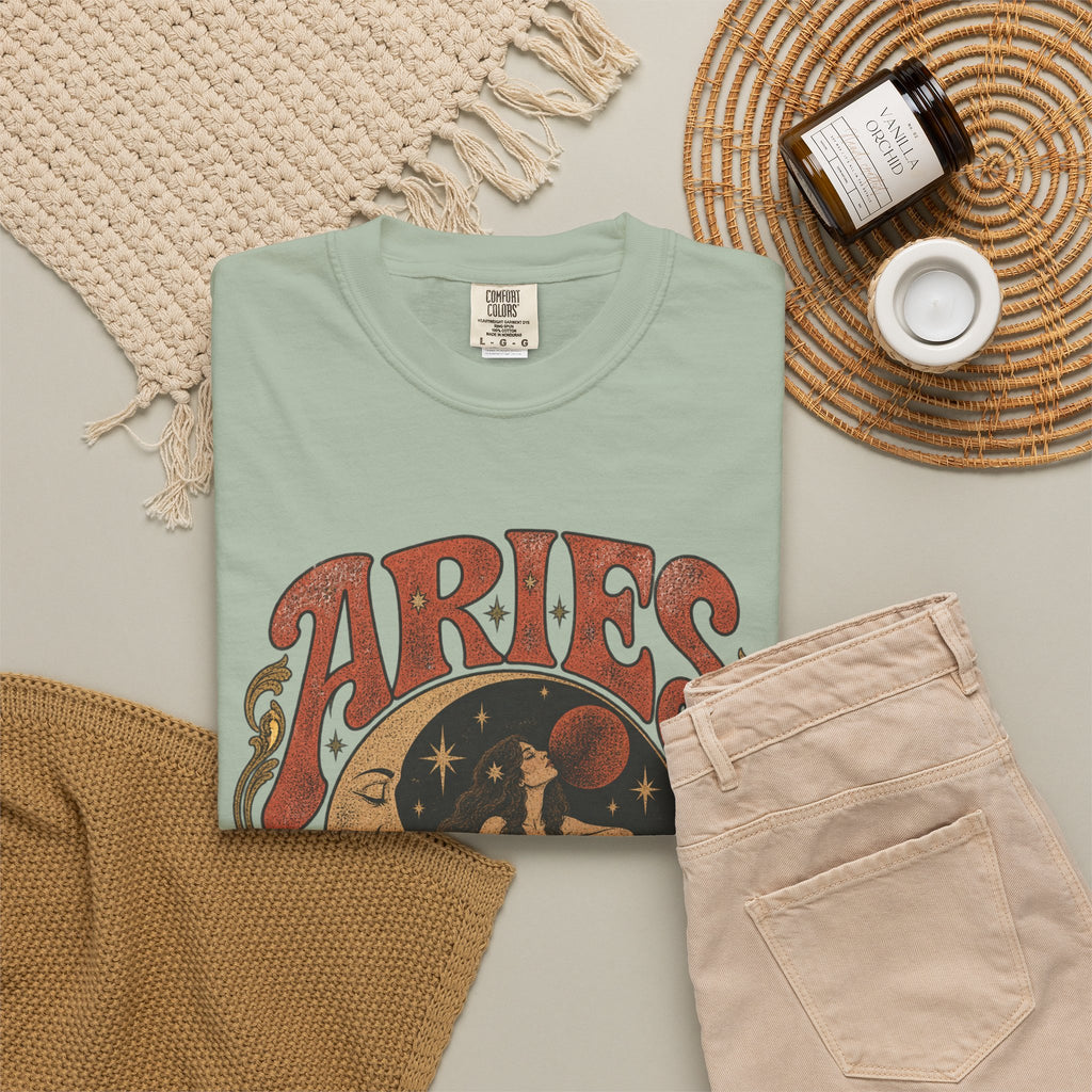 Aries Zodiac T‑Shirt — Vintage Moon & Ram Astrology Tee