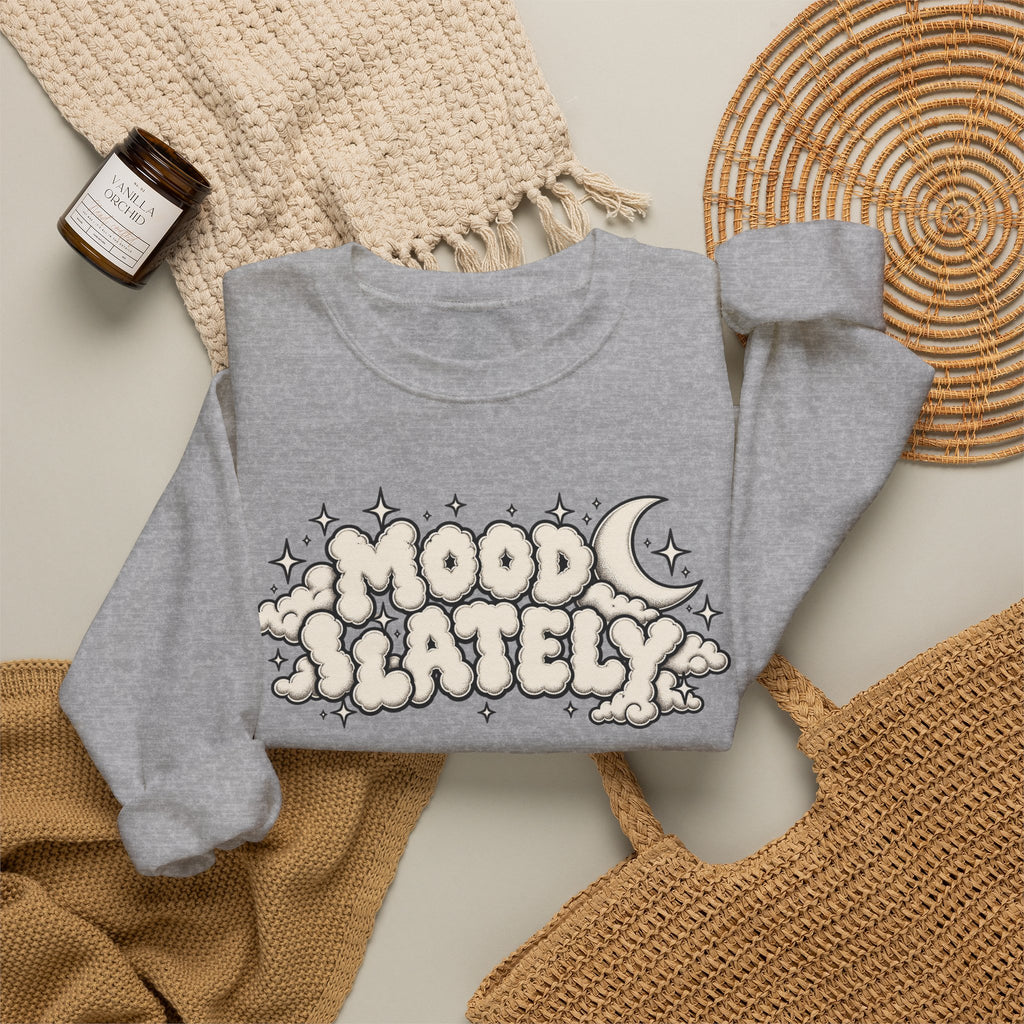 Mood Lately Crewneck Sweatshirt — Retro Cloud Lettering Graphic Pullover