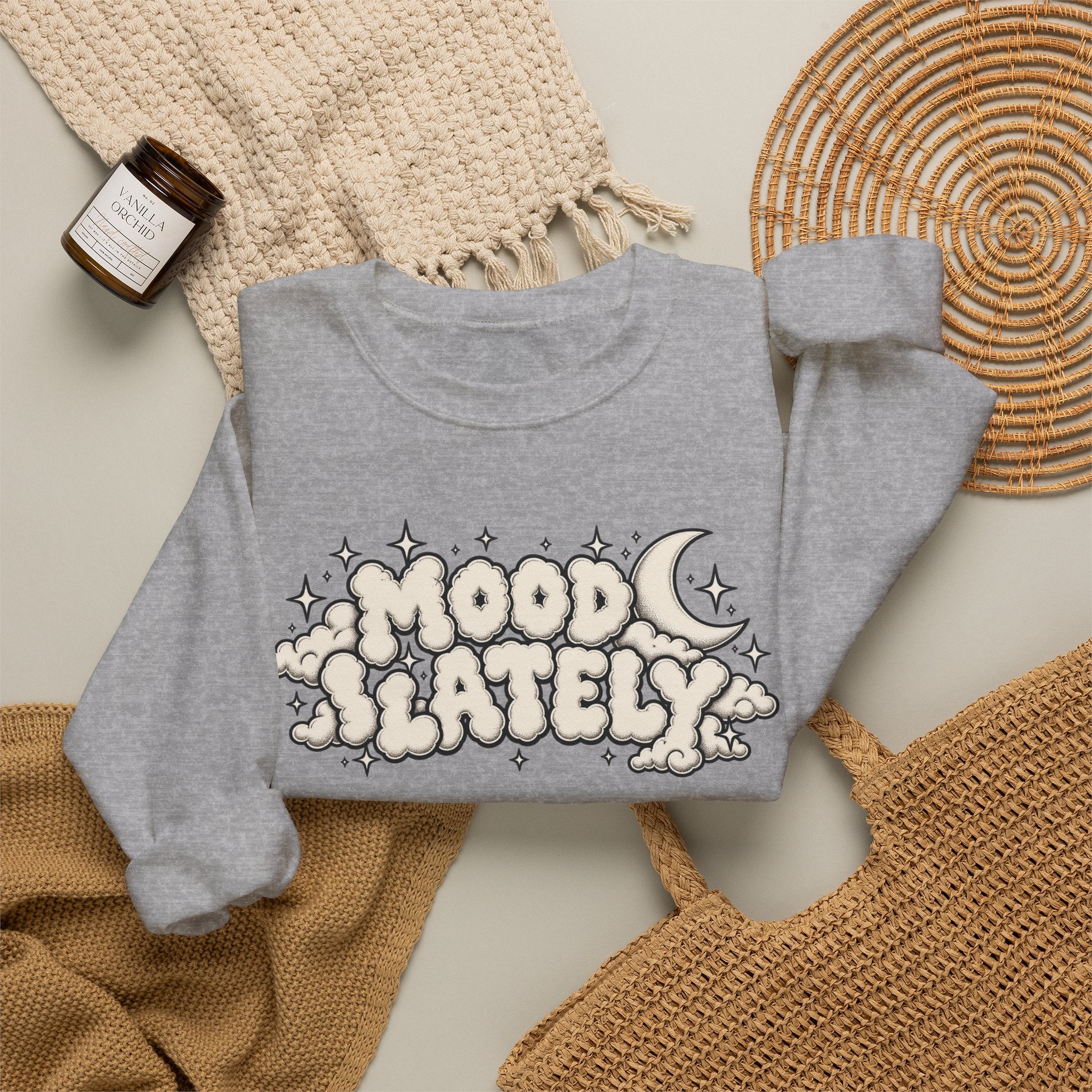 Mood Lately Crewneck Sweatshirt — Retro Cloud Lettering Graphic Pullover