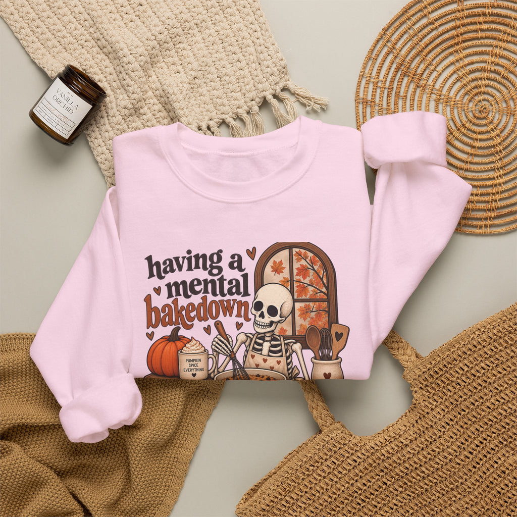 Fall Baking Skeleton Sweatshirt – “Having a Mental Bakedown” Cozy Halloween Crewneck