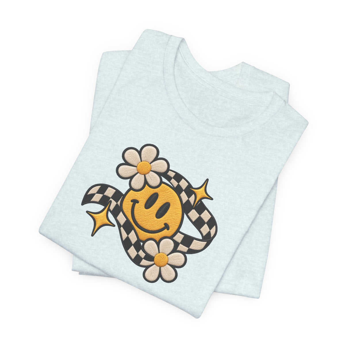 Smiley Flower Checkerboard Tee — Retro Happy Face Graphic T-Shirt