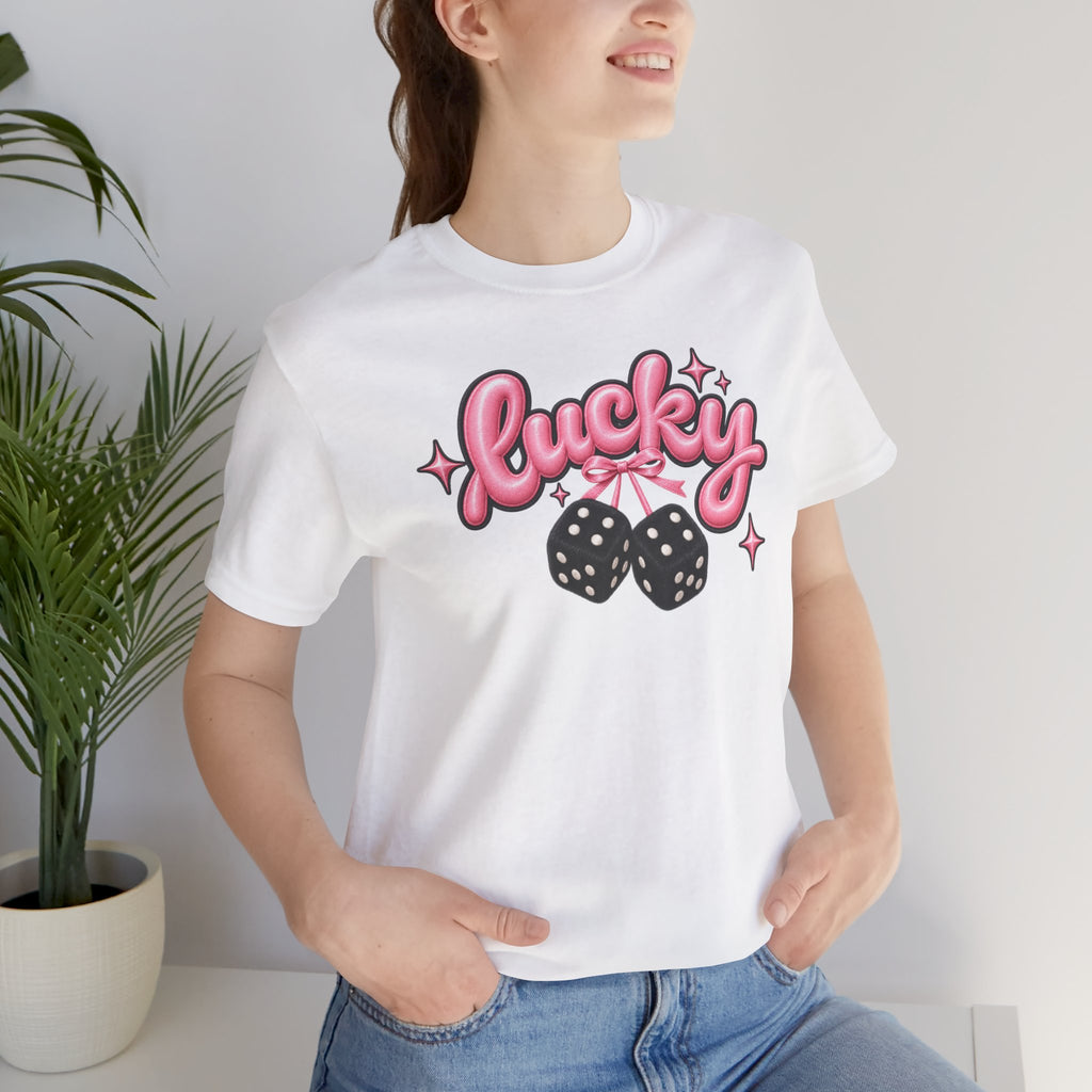 Lucky Dice Tee — Pink Retro "Lucky" Graphic T-Shirt