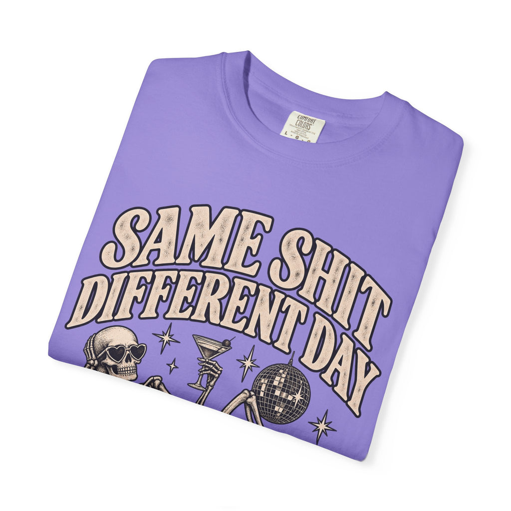 Same Shit Different Day Tee — Retro Skeleton Disco Graphic T-Shirt