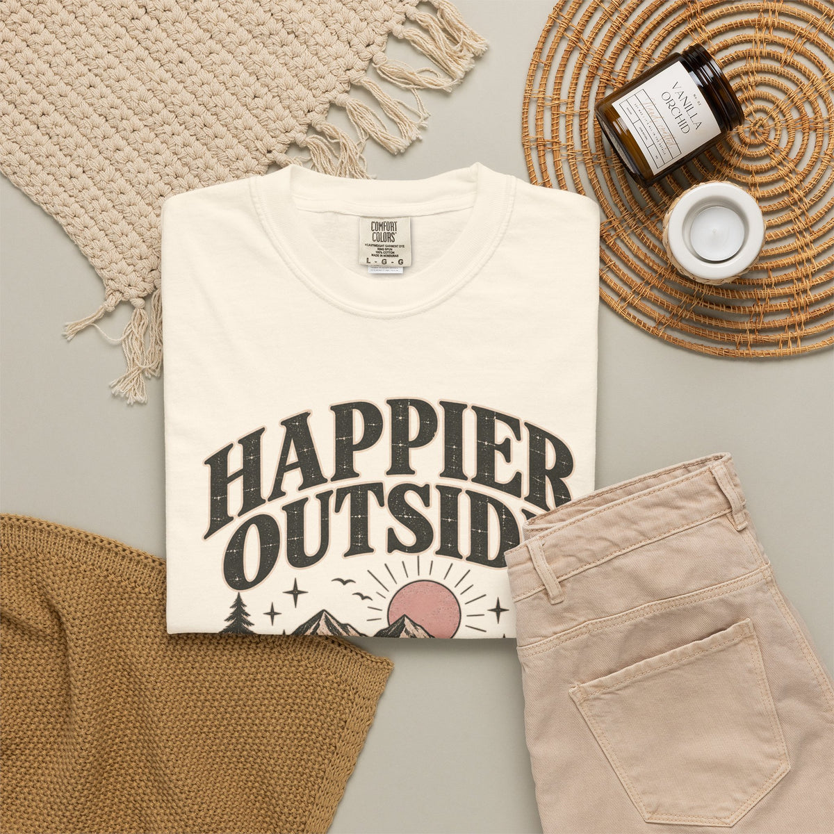 Happier Outside Tee — Nature Lover Graphic Garment-Dyed T-Shirt