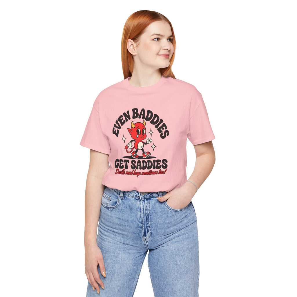 Graphic Tee — "Even Baddies Get Saddles" Cute Devil Skate T-Shirt