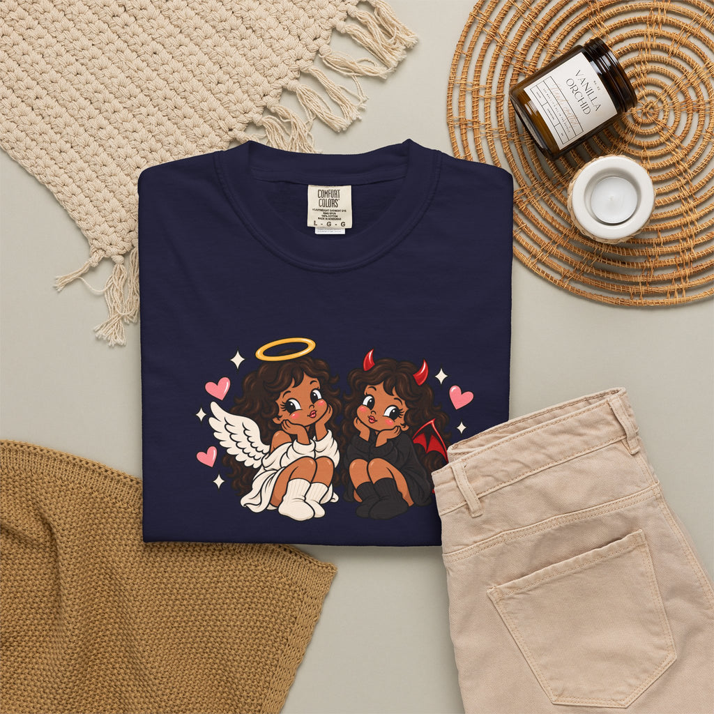 Angel and Devil Cute Graphic Tee — Kawaii Couple Illustration T-Shirt
