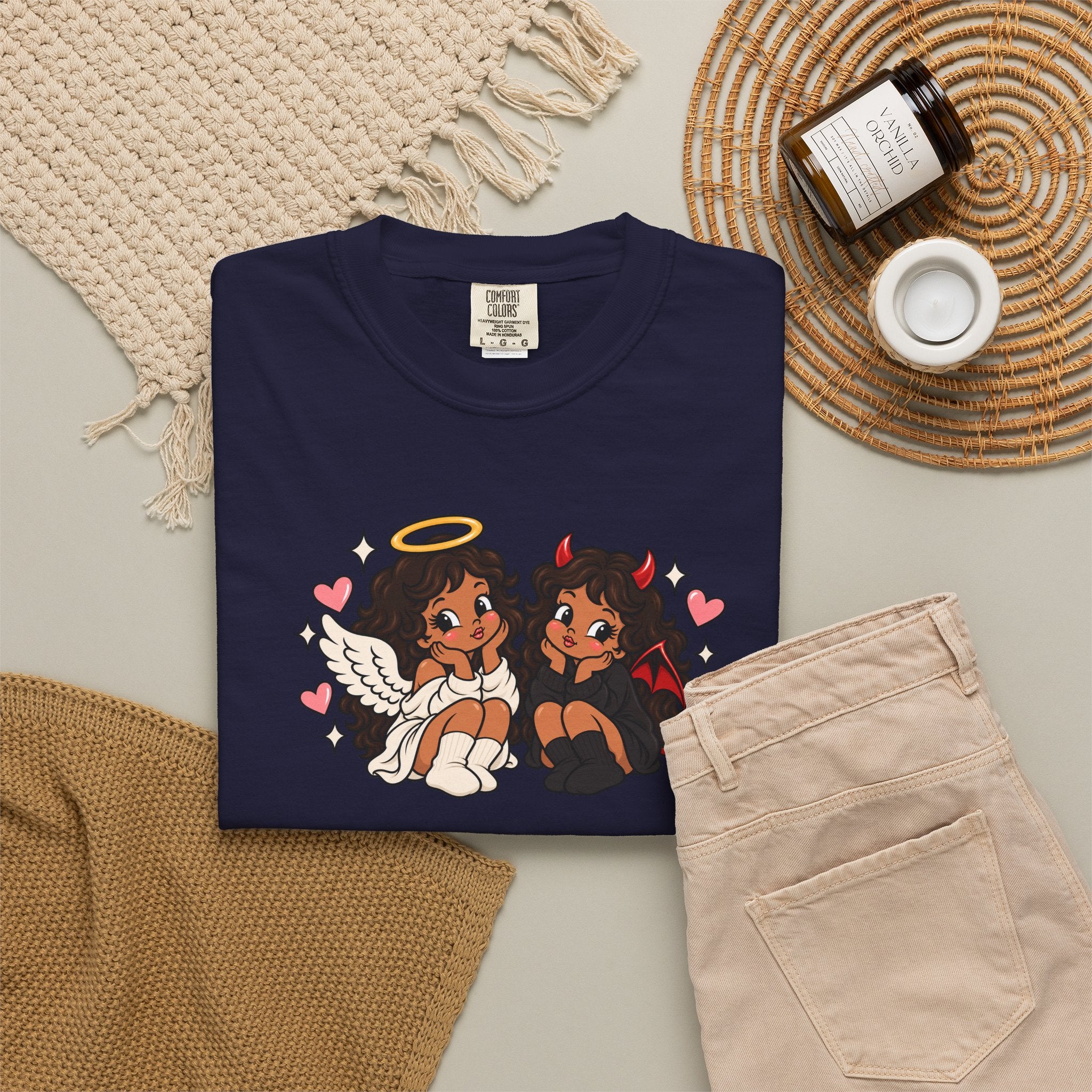 Angel and Devil Cute Graphic Tee — Kawaii Couple Illustration T-Shirt