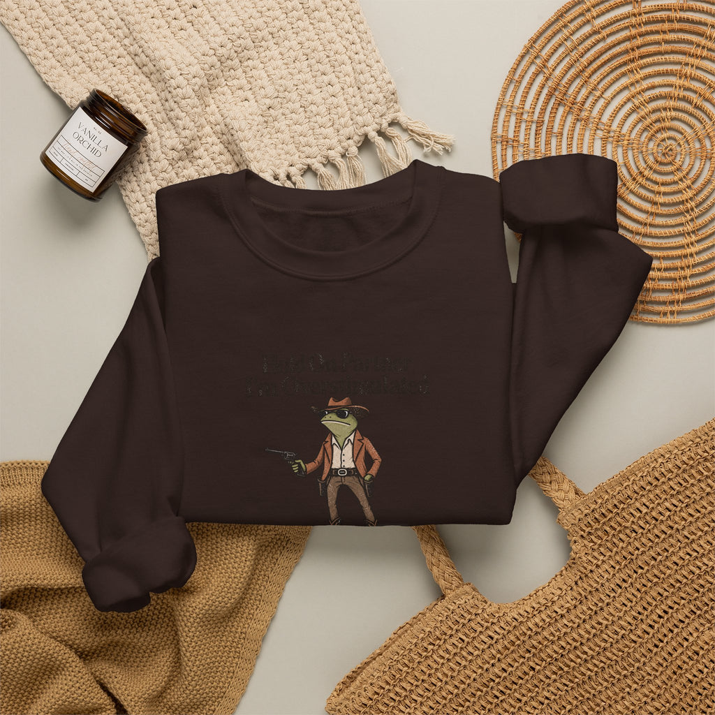 Crewneck Sweatshirt — "Hold On Partner I'm Overstimulated" Cowboy Graphic