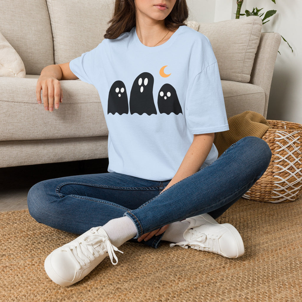 Ghost Trio T-Shirt — Cute Halloween Ghosts with Crescent Moon