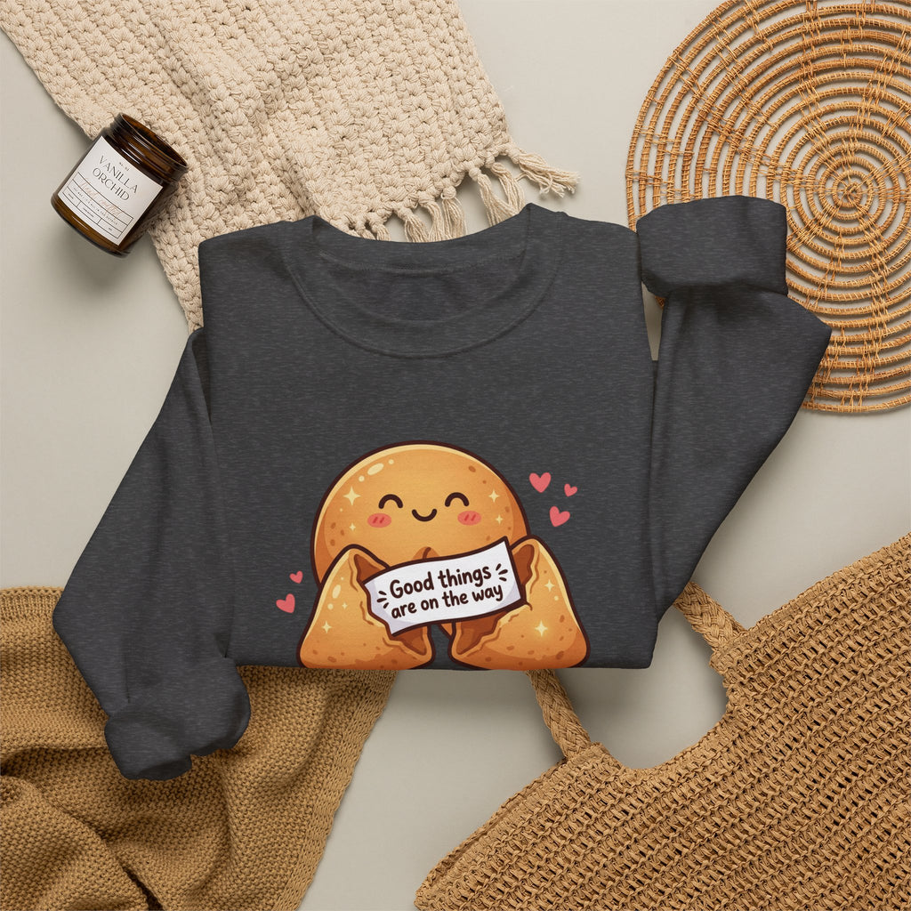 Crewneck Sweatshirt — Cute Fortune Cookie Graphic “Good Things Are On The Way”