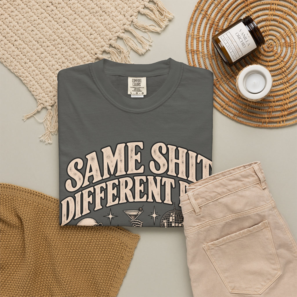 Same Shit Different Day Tee — Retro Skeleton Disco Graphic T-Shirt