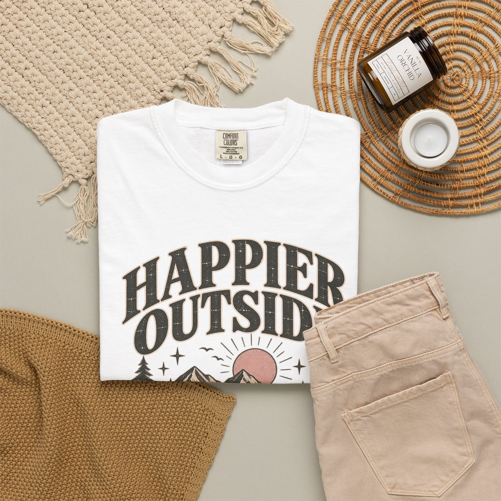 Happier Outside Tee — Nature Lover Graphic Garment-Dyed T-Shirt