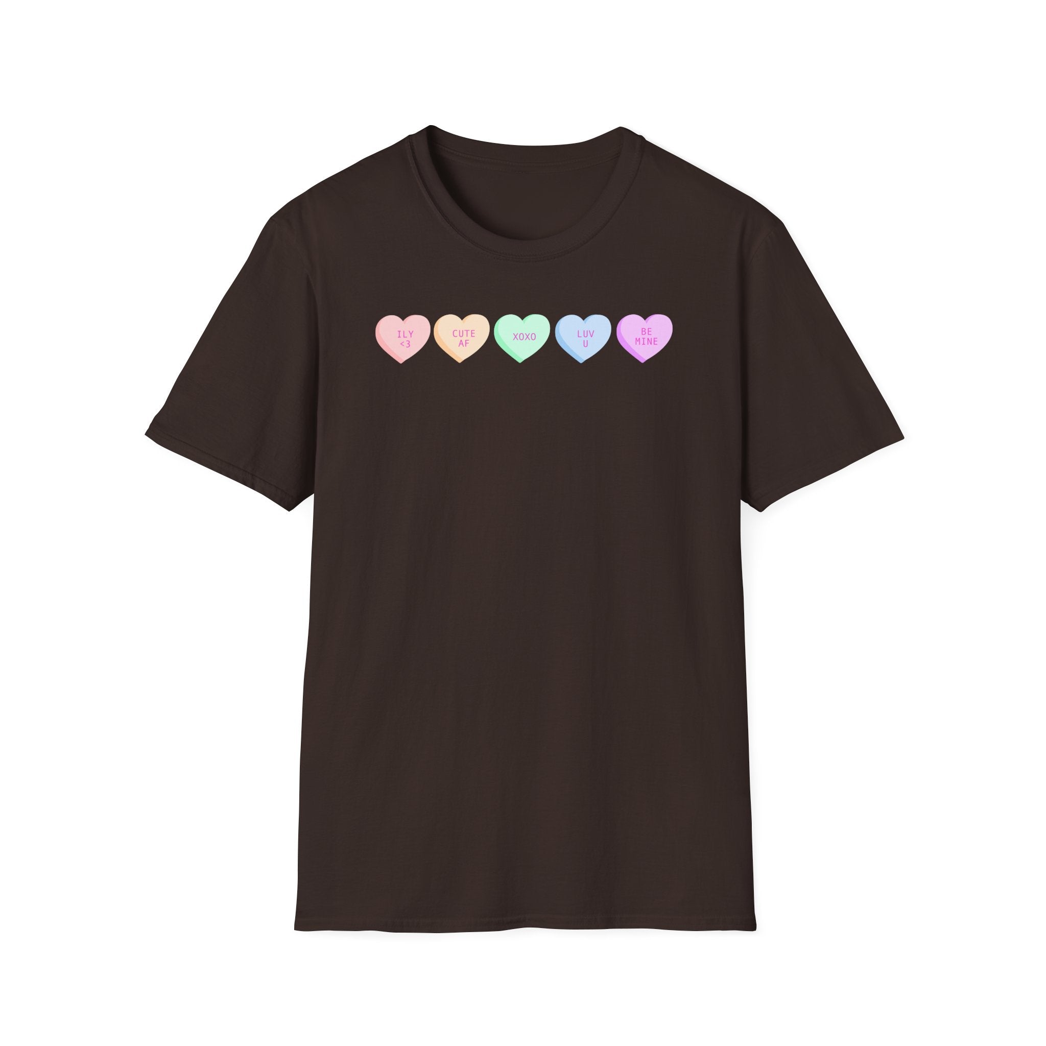 Conversation Heart Candy T-Shirt — Pastel ‘Be Mine, Cute AF, XOXO, Luv U’ Graphic
