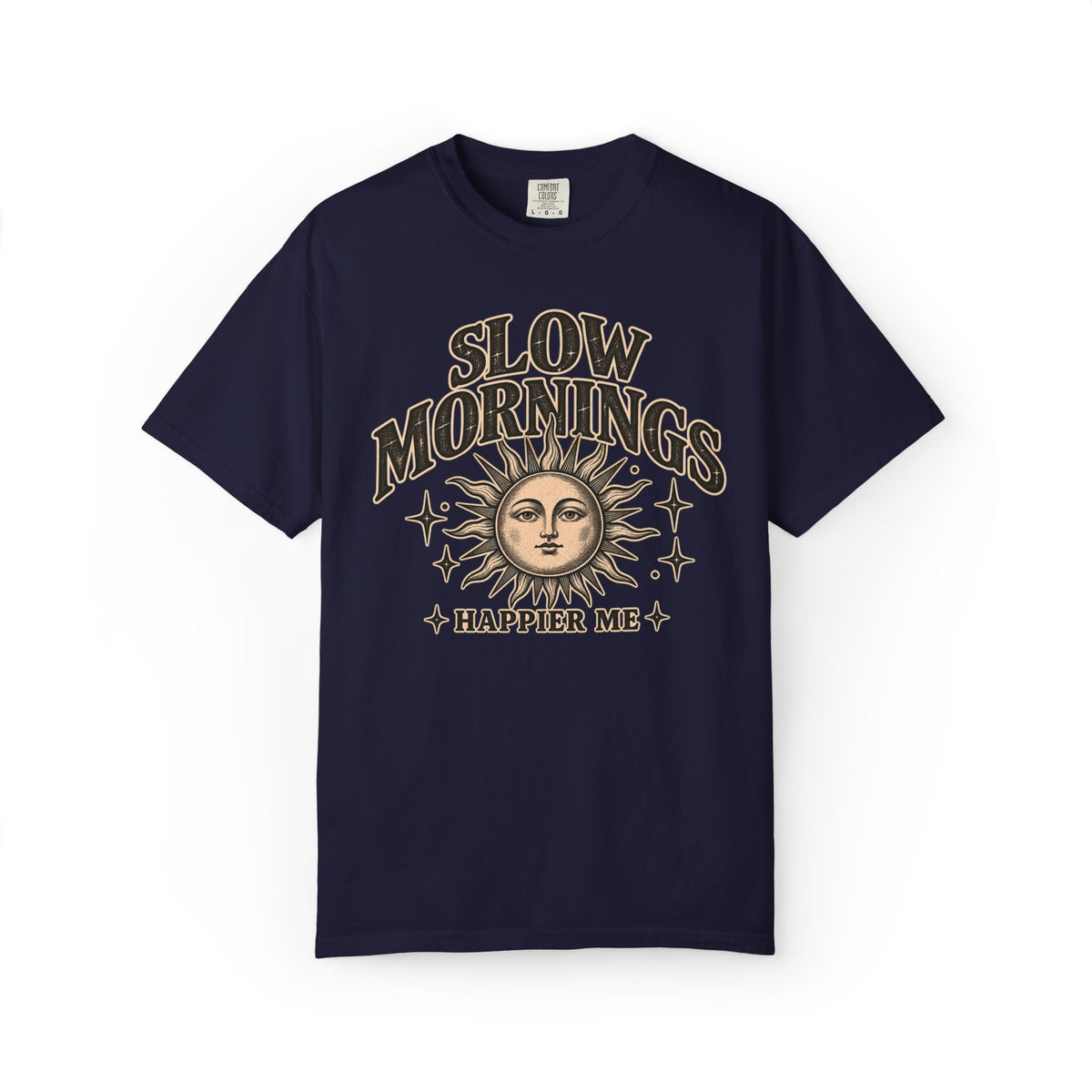 Slow Mornings Tee — Retro Sunrise Garment-Dyed Graphic T-Shirt