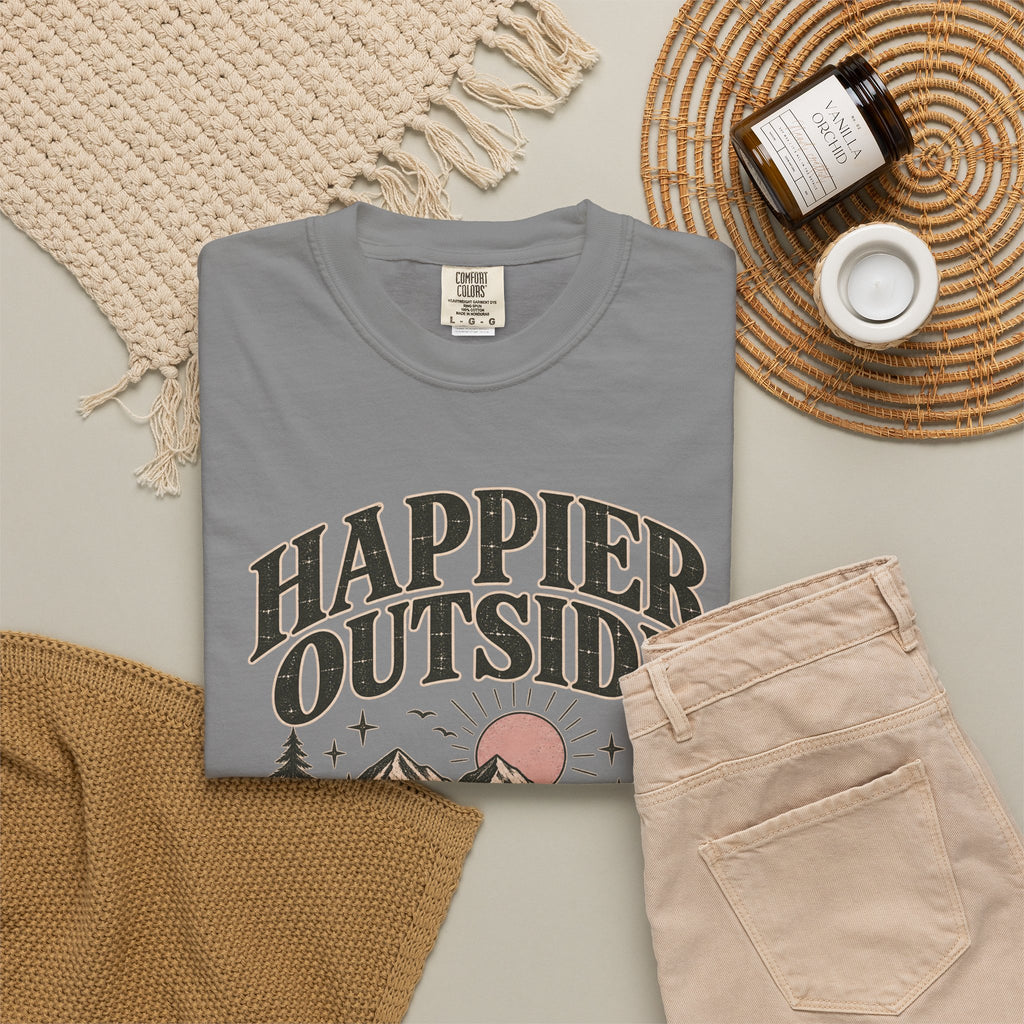 Happier Outside Tee — Nature Lover Graphic Garment-Dyed T-Shirt