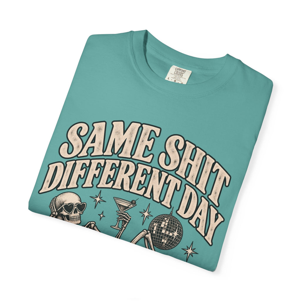 Same Shit Different Day Tee — Retro Skeleton Disco Graphic T-Shirt