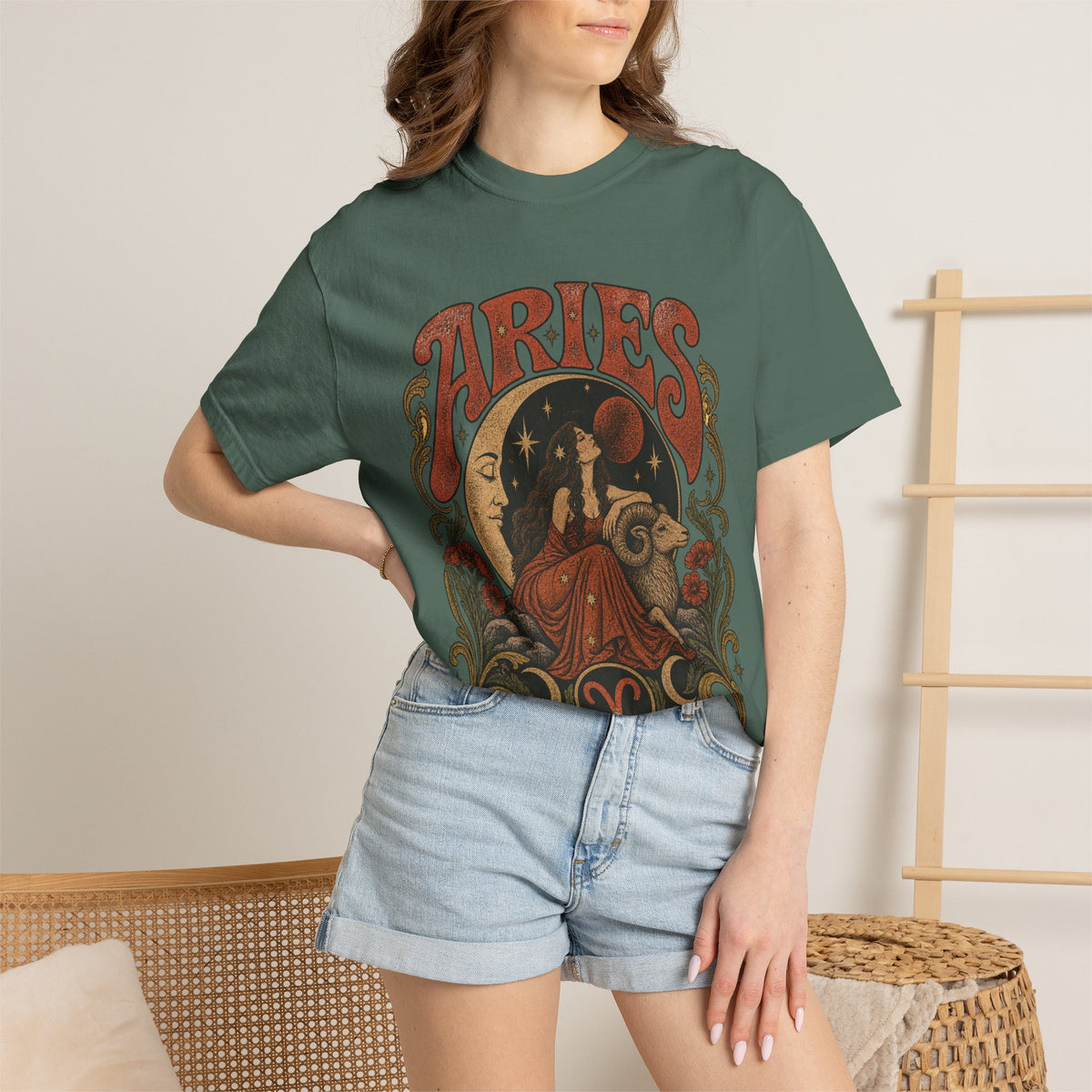 Aries Zodiac T‑Shirt — Vintage Moon & Ram Astrology Tee