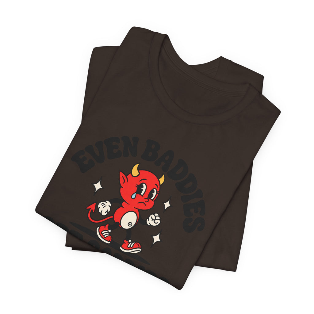 Graphic Tee — "Even Baddies Get Saddles" Cute Devil Skate T-Shirt