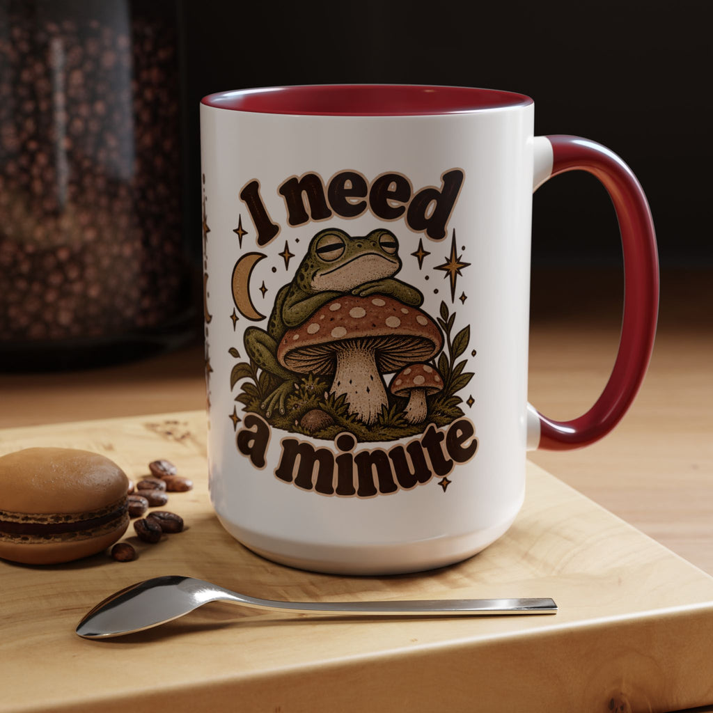 I Need a Minute Mug — Cozy Frog & Mushroom Ceramic Coffee Mug