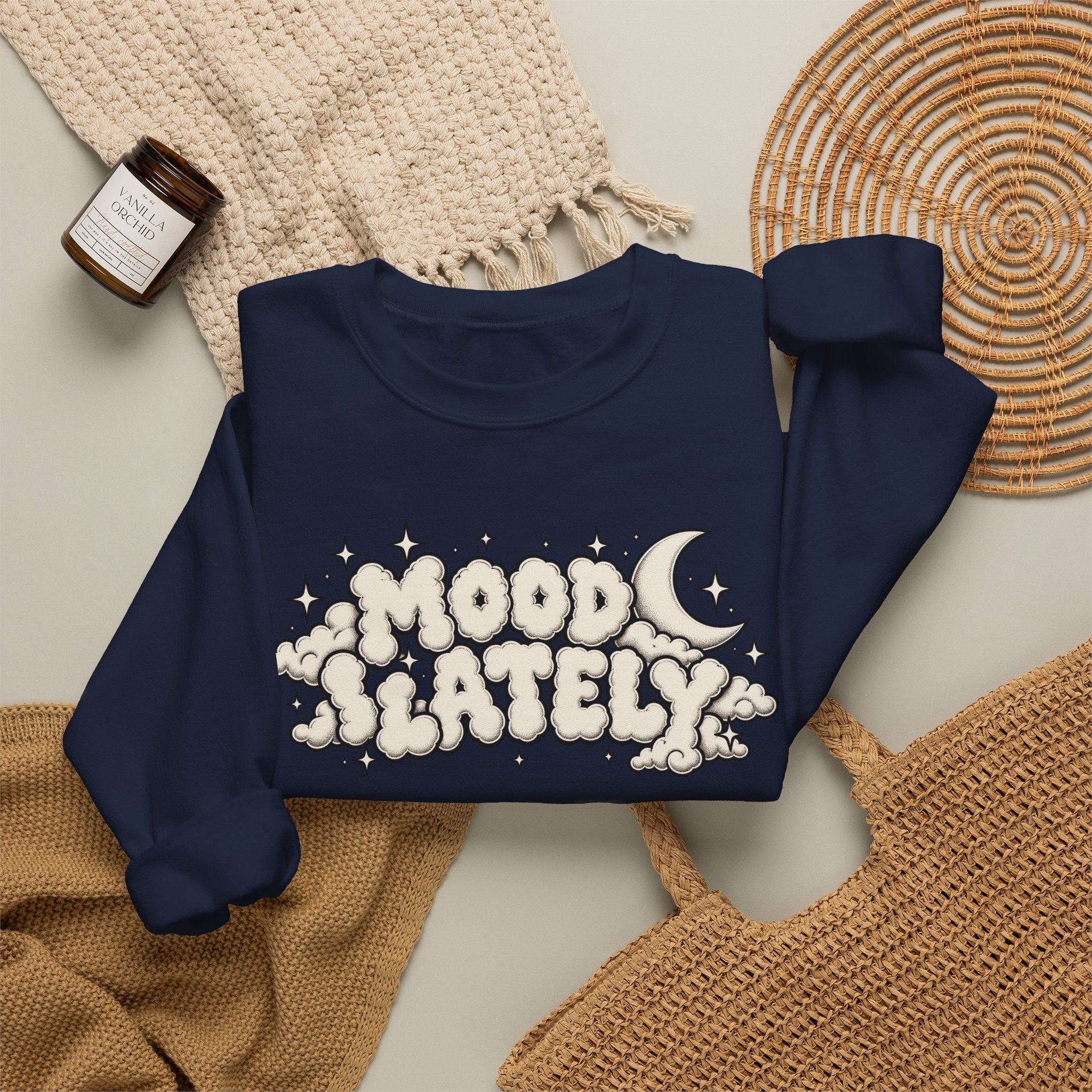 Mood Lately Crewneck Sweatshirt — Retro Cloud Lettering Graphic Pullover