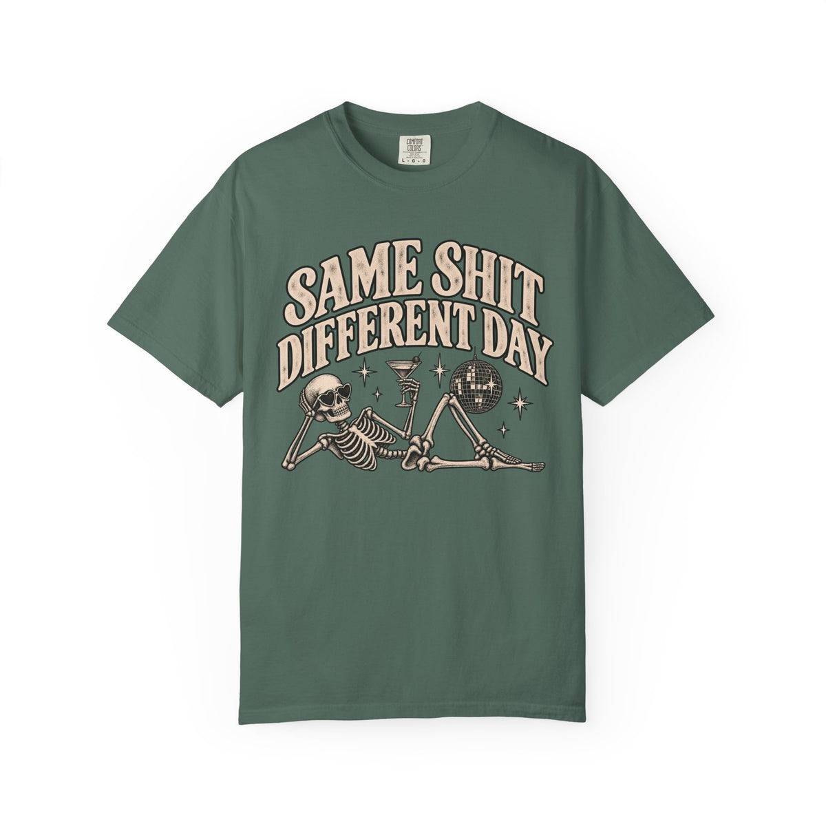 Same Shit Different Day Tee — Retro Skeleton Disco Graphic T-Shirt