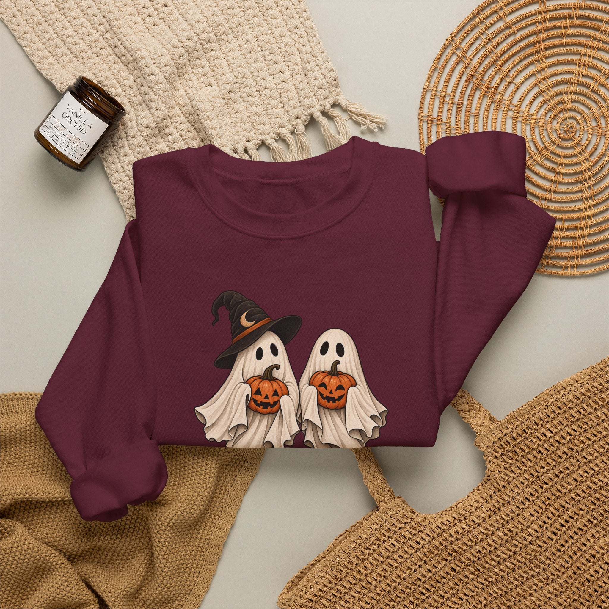 Halloween Ghosts Crewneck Sweatshirt — Cute Witch & Ghost Trick-or-Treat Design