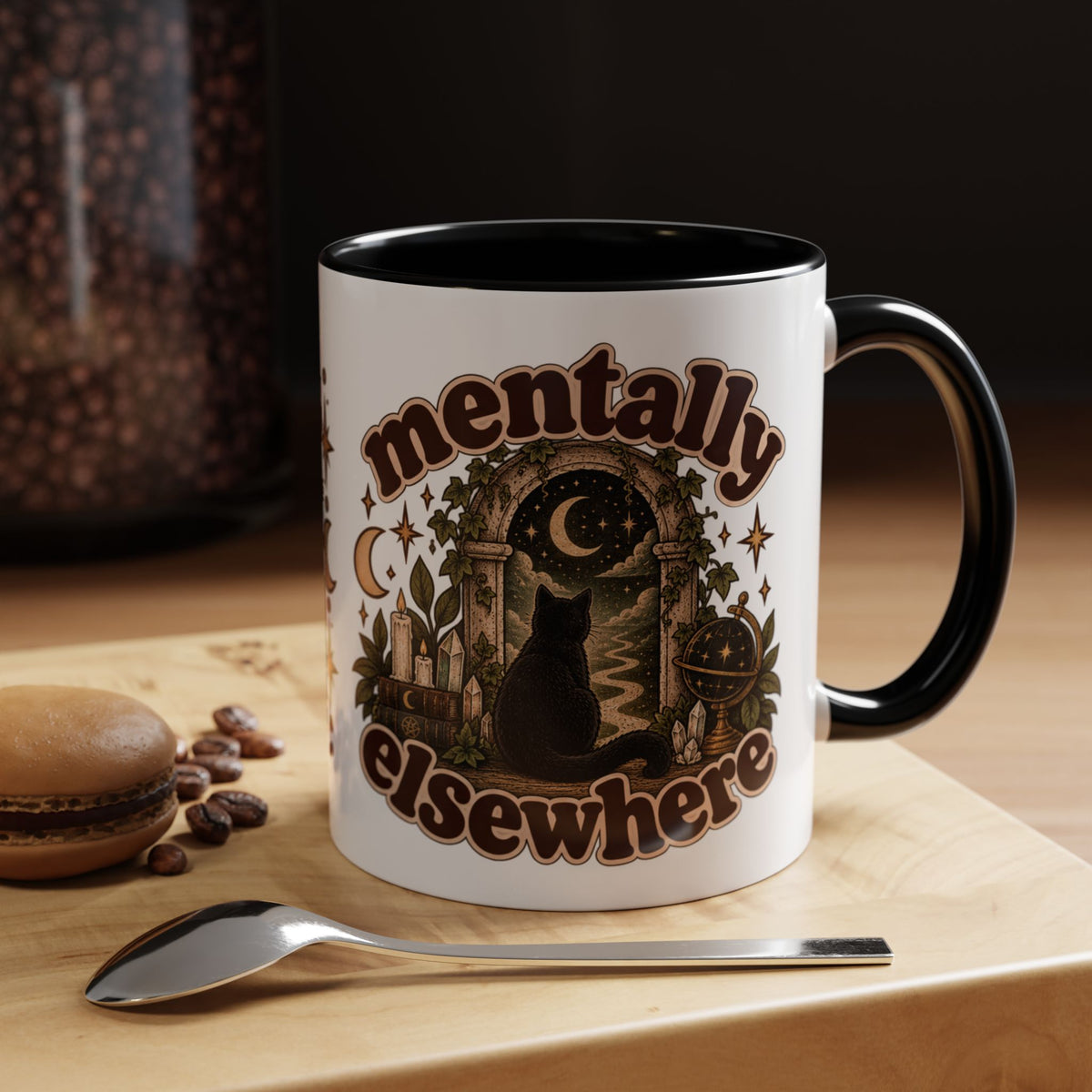 Mentally Elsewhere Mug — Black Cat Celestial Ceramic Coffee Mug