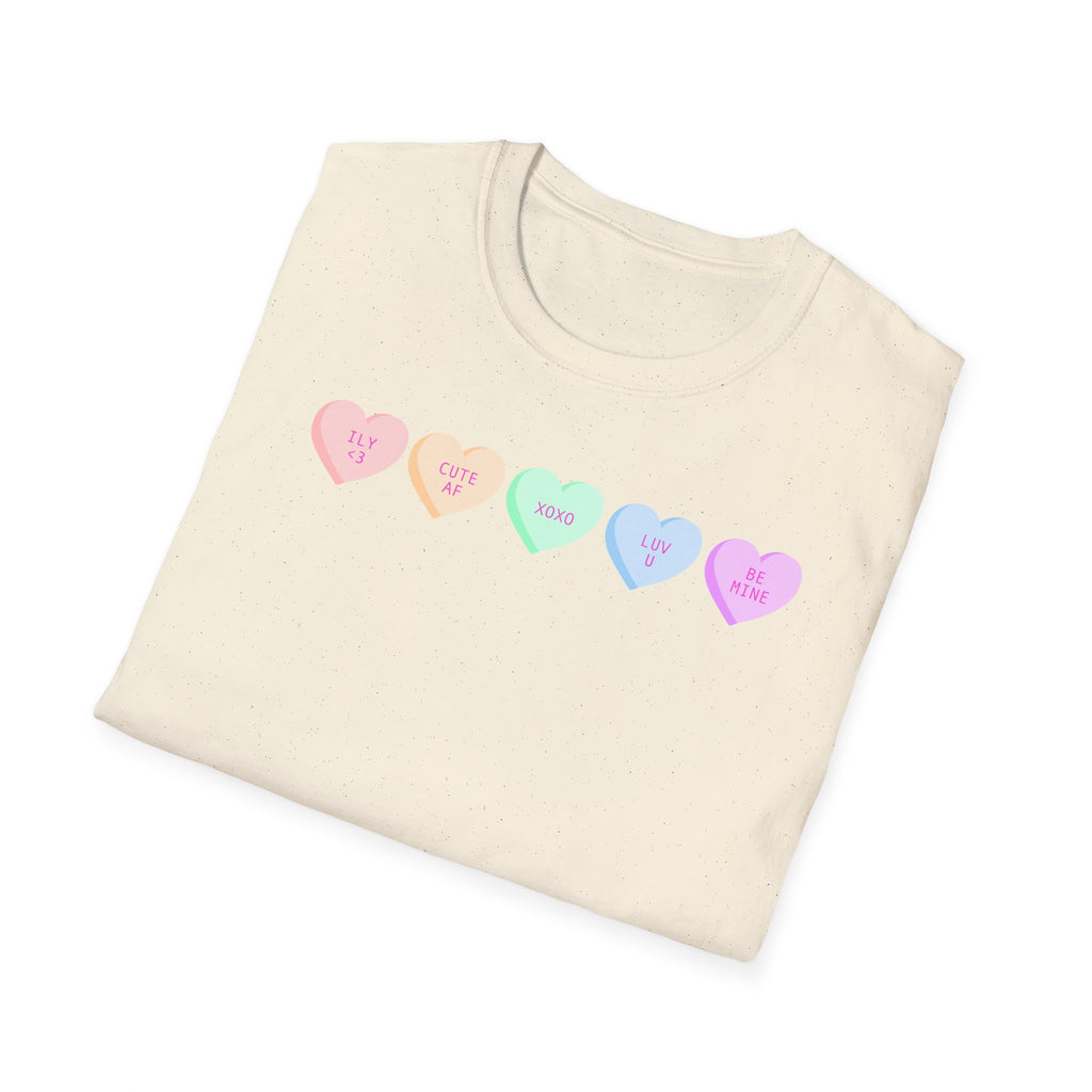 Conversation Heart Candy T-Shirt — Pastel ‘Be Mine, Cute AF, XOXO, Luv U’ Graphic